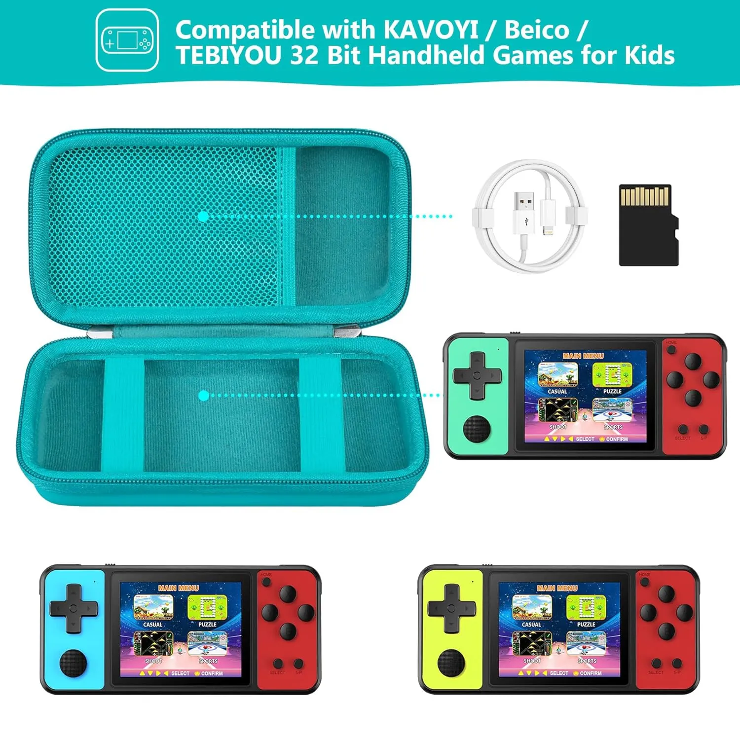 Supmay Carrying Case Compatible with KAVOYI / Beico / TEBIYOU 32 Bit Handheld Games for Kids, Portable Arcade Gaming Player Storage Holder Travel Bag with Mesh Pocket for Battery, USB Cable, Green