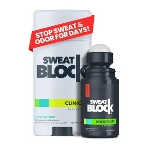 SweatBlock Antiperspirant Deodorant System | MAXIMUM CLINICAL STRENGTH for Men & Women | Hyperhidrosis Aid for up to 7 Days Sweat Control | Roll On 1.2 fl oz   48 Hour Odor Protection Stick 2.7oz