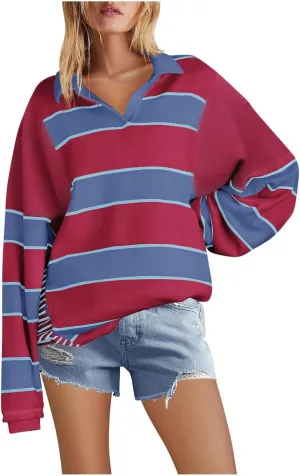 Sweatshirt For Womens Fashion Long Sleeve Striped Hoodies Collar Oversized Pullover Tops Fall outfits
