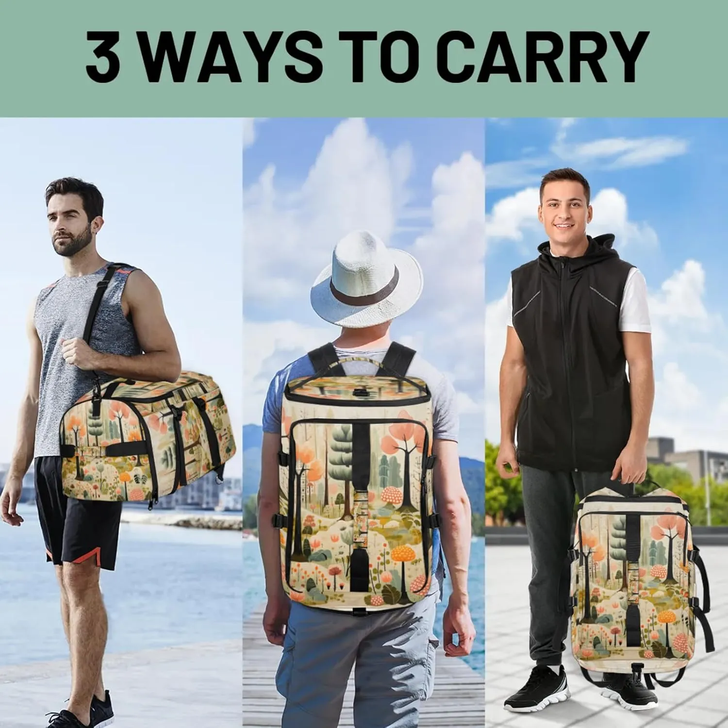 Tactical Sports Duffle Bag for Travel Waterproof Gym Bag with Shoe Compartment 48L Carry On Luggage for Men & Women 3-in-1 Durable Travel Luggage Forest Tree