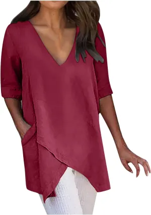 TANGNADE Women's Linen Blouse Tunic Half Short Sleeve Shirt V Neck Tops Irregular Hem Blouse T-Shirts Summer Tunic
