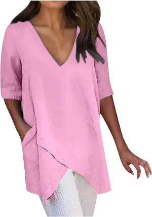 TANGNADE Women's Linen Blouse Tunic Half Short Sleeve Shirt V Neck Tops Irregular Hem Blouse T-Shirts Summer Tunic