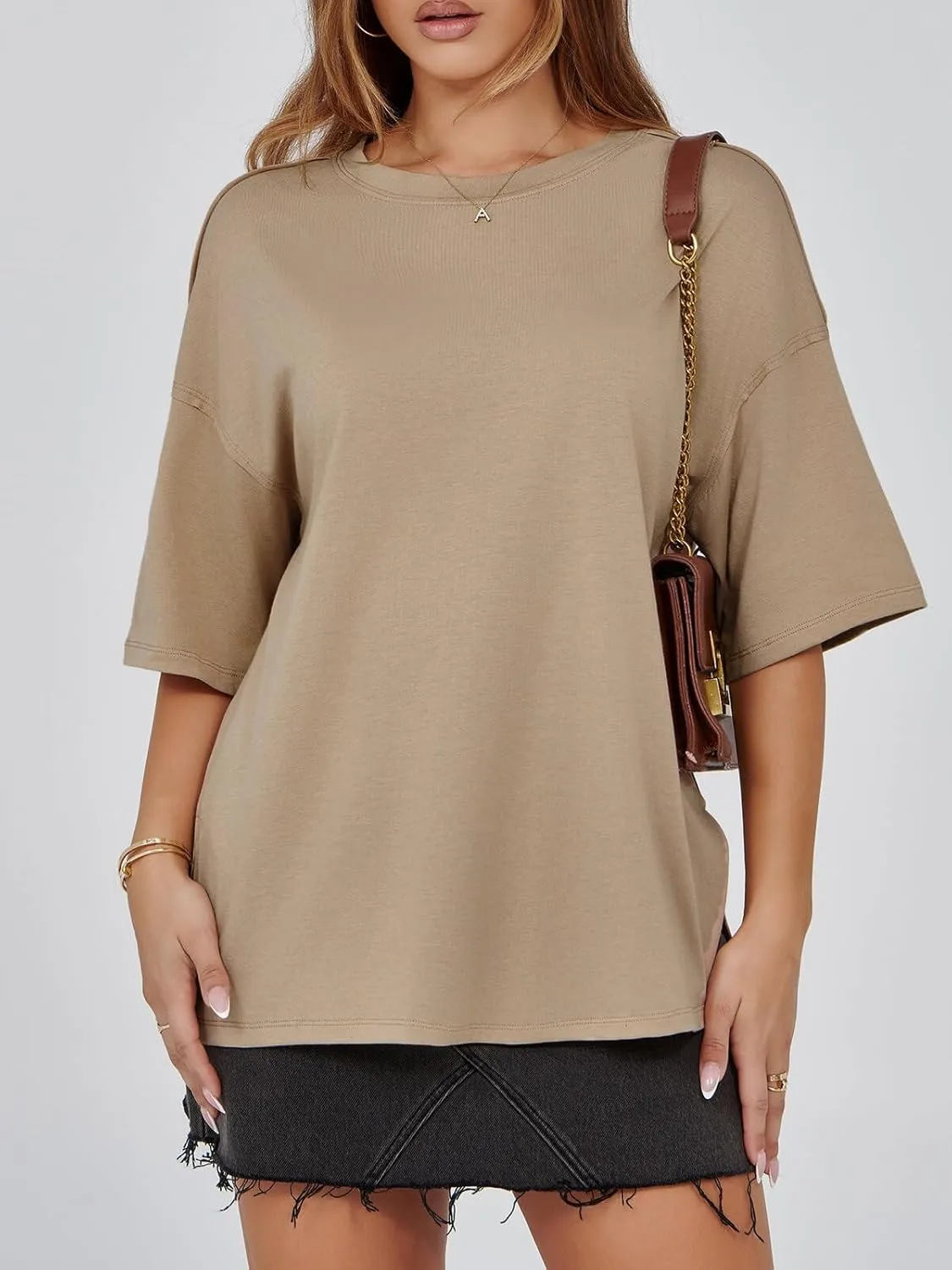 Tankaneo Womens Oversized Tshirts Summer Casual Short Sleeve Crew Neck T Shirt Loose Fit Side Slit Tee Tops