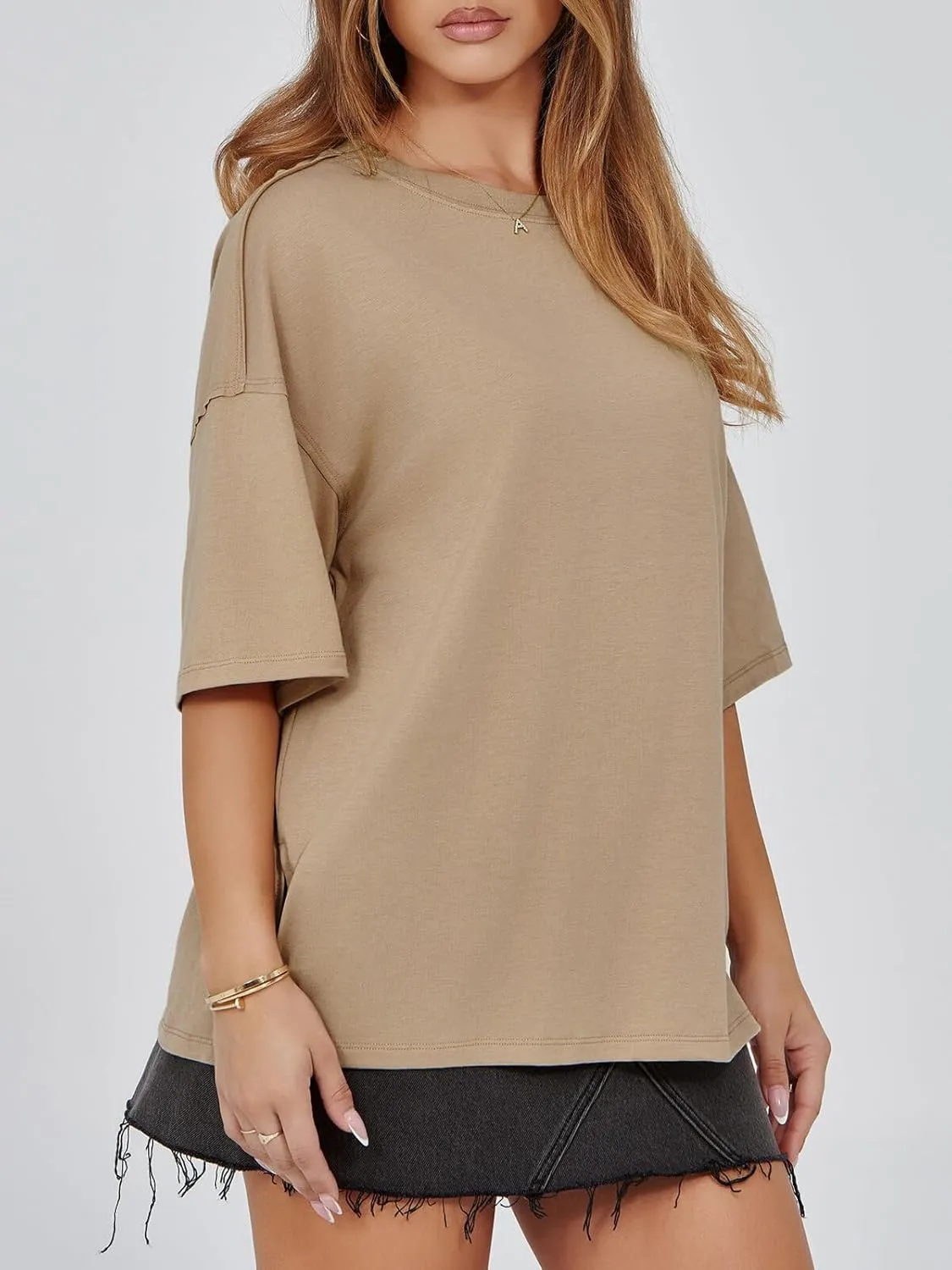 Tankaneo Womens Oversized Tshirts Summer Casual Short Sleeve Crew Neck T Shirt Loose Fit Side Slit Tee Tops