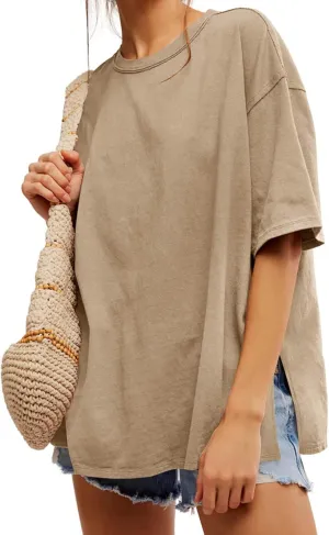 Tankaneo Womens Oversized Tshirts Summer Casual Short Sleeve Crew Neck T Shirt Loose Fit Side Slit Tee Tops