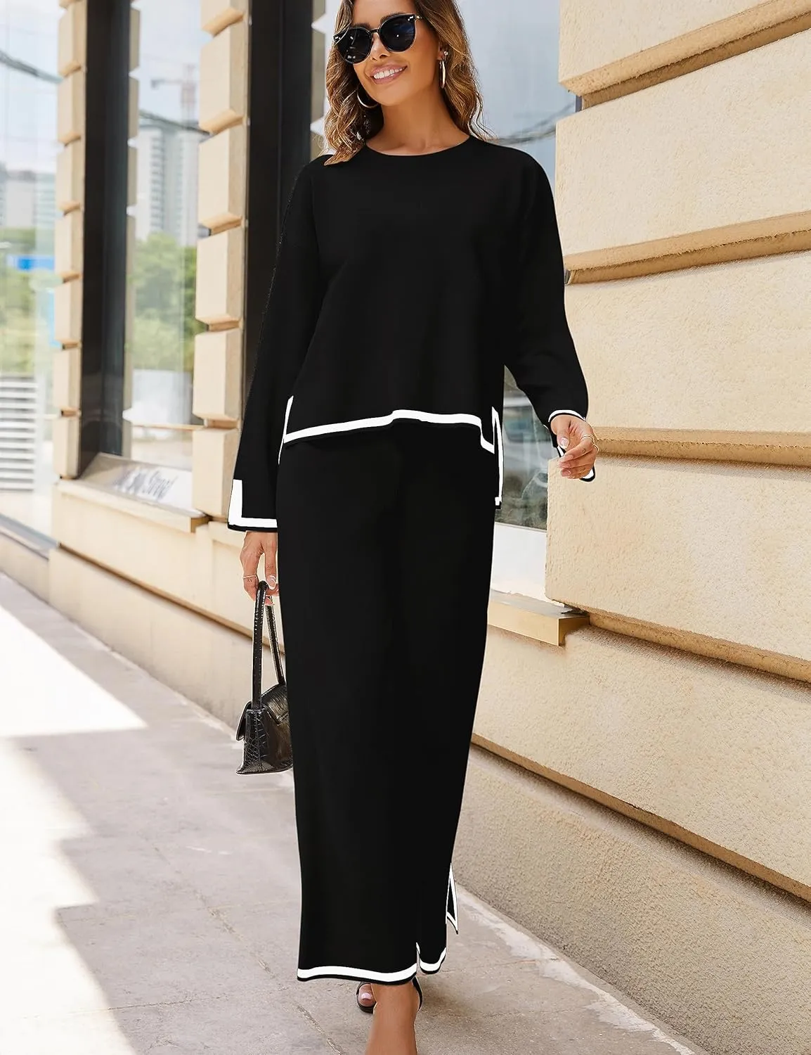 Tanming Women's 2 Piece Outfits Long Sleeve Knit Sweater Top Wide Leg Pants Lounge Sets Tracksuits