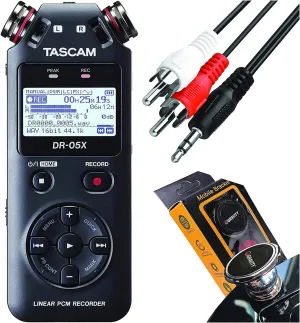 Tascam DR-05X Stereo 2-Channel Handheld Recorder and 2-in/2-out USB Audio Interface with 2 Omnidirectional Condenser Microphones with Gravity Phone Holder and EMB Cable Bundle, A2R M