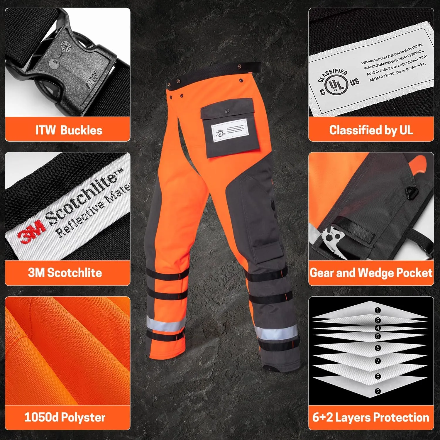 Technical Wrap Chainsaw Chaps by UL Class A 8 Layers Chainsaw Pants Apron Style Orange Black