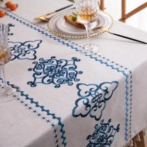 TEWENE Rectangle Tablecloth - Embroidery Linen Table Cloth, Wrinkle Free, Spring Blue Flower Pattern for Kitchen, Dinning, Outdoor (55''x120'', 10-12 Seats)