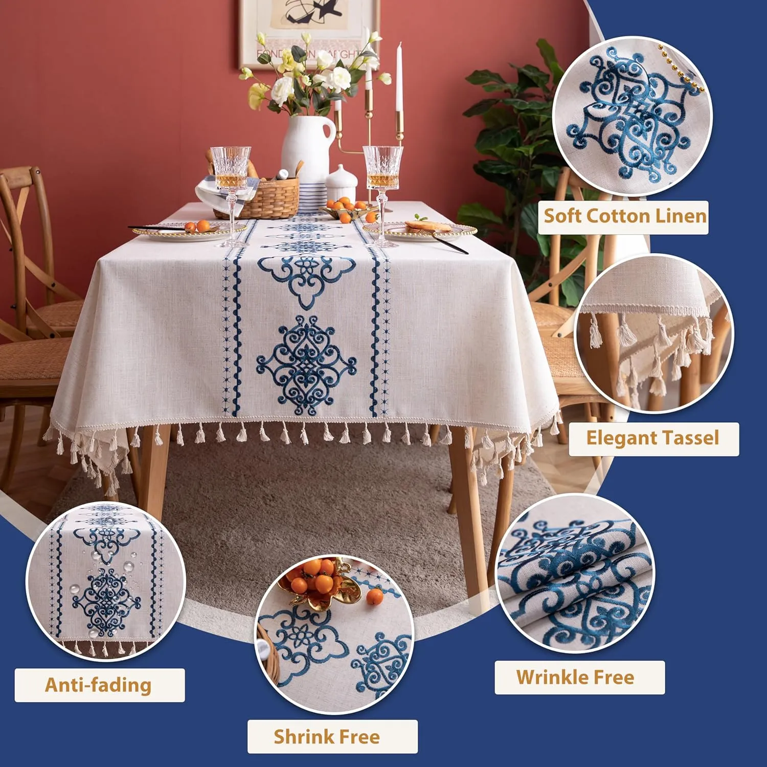 TEWENE Rectangle Tablecloth - Embroidery Linen Table Cloth, Wrinkle Free, Spring Blue Flower Pattern for Kitchen, Dinning, Outdoor (55''x120'', 10-12 Seats)