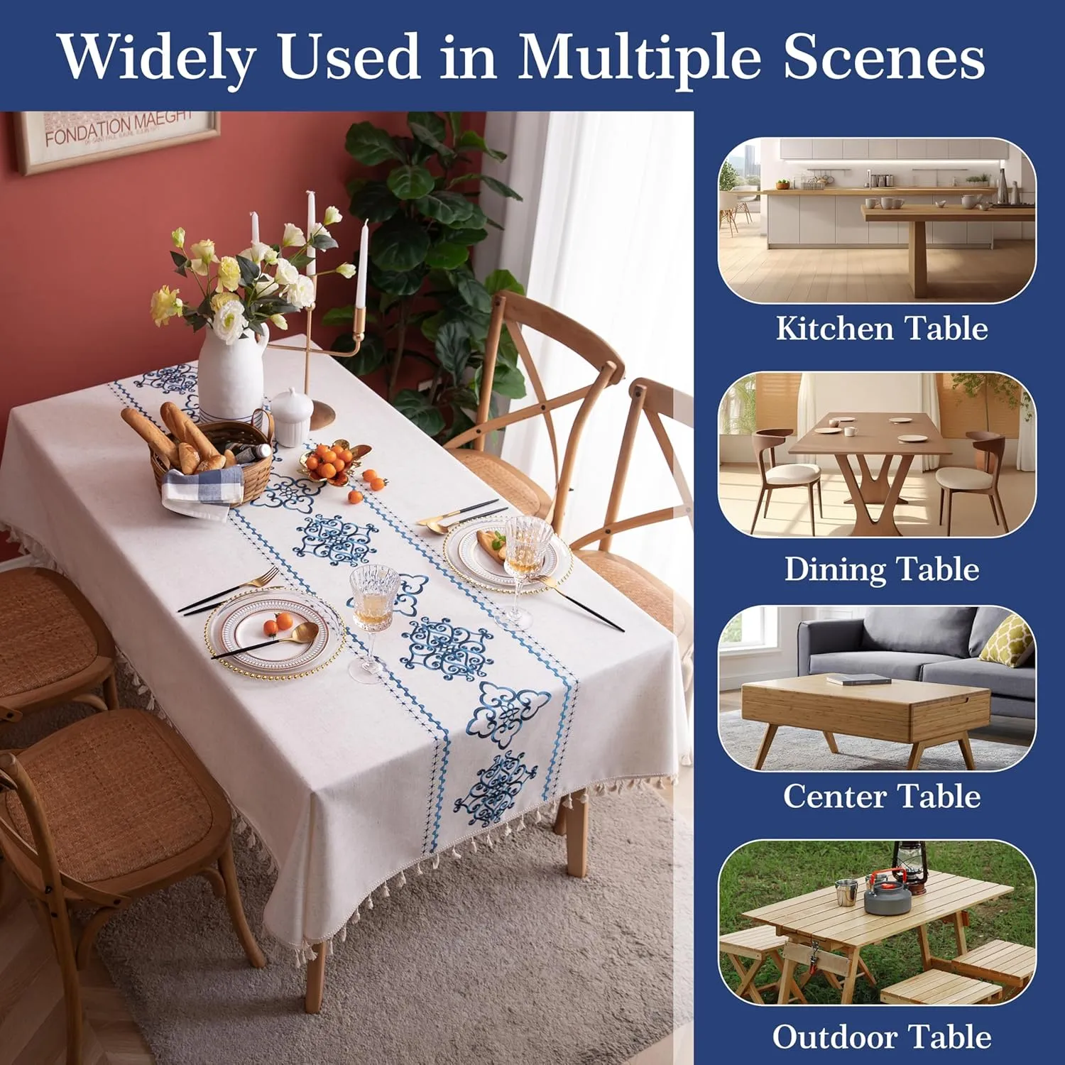 TEWENE Rectangle Tablecloth - Embroidery Linen Table Cloth, Wrinkle Free, Spring Blue Flower Pattern for Kitchen, Dinning, Outdoor (55''x120'', 10-12 Seats)