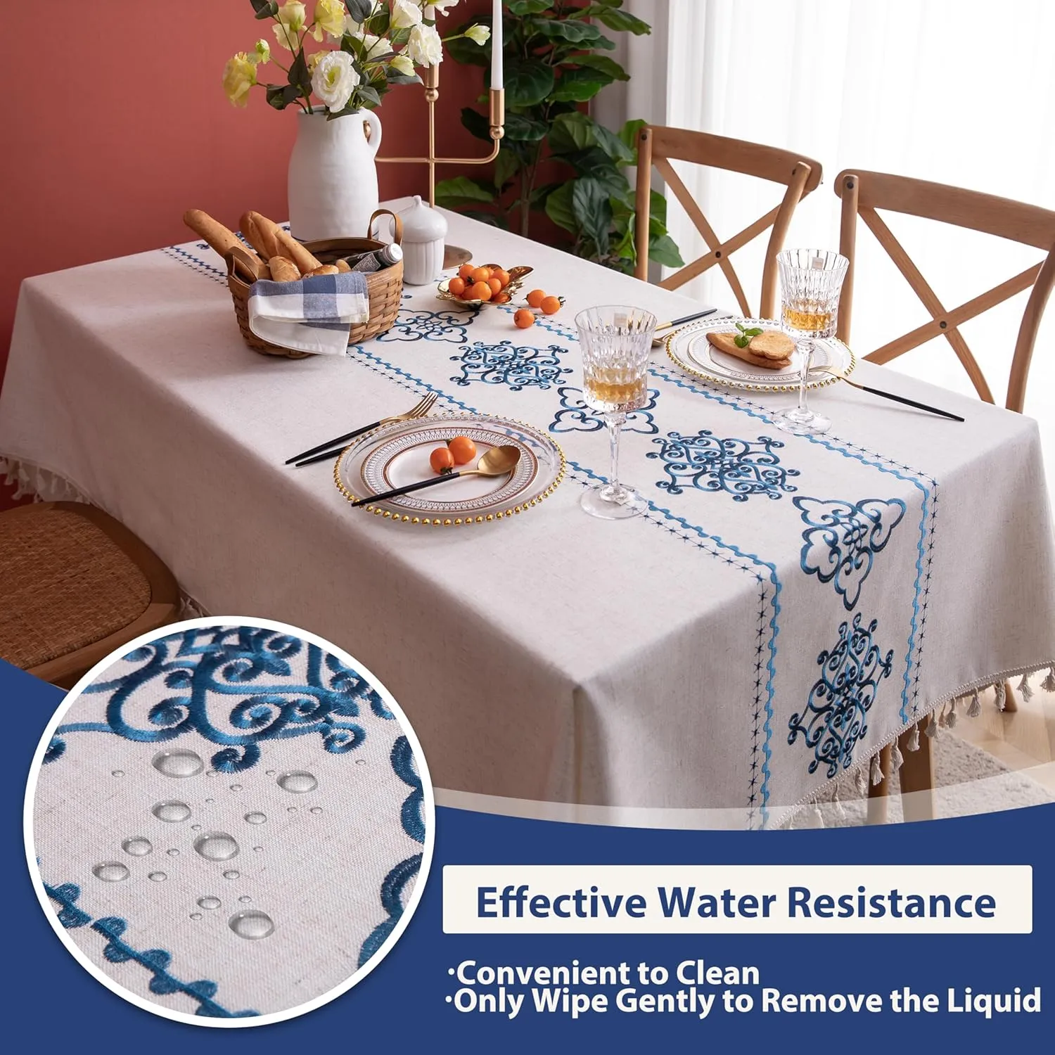 TEWENE Rectangle Tablecloth - Embroidery Linen Table Cloth, Wrinkle Free, Spring Blue Flower Pattern for Kitchen, Dinning, Outdoor (55''x120'', 10-12 Seats)