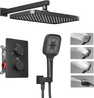 Thermostatic Shower System, 12" High-Pressure Rainfall Shower Head & 4-in-1 Handheld, Luxury Matte Black Shower Faucet Set with Brass Valve (Concealed Installation)