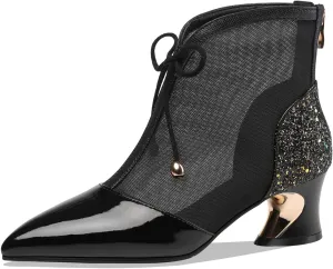 TinaCus Women's Handmade Glossy Patent Leather and Mesh Spool Heel Back Zip Pointy Toe Summer Ankle Boots with Bowtie