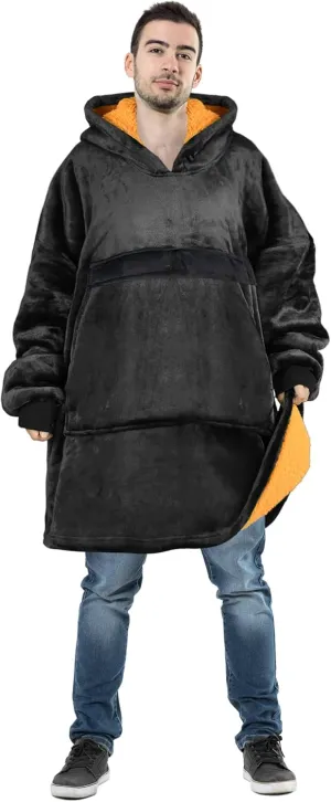 Tirrinia Oversized Wearable Blanket Sweatshirt Comfortable Sherpa Giant Hoodie Black