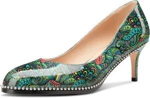 TNYNFBEB Womens Mid Heel Round Toe Pumps Slip-on Silver Beaded Prom Dress Basic Classic Patent Leather 2.4 Inches Heels