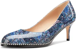 TNYNFBEB Womens Mid Heel Round Toe Pumps Slip-on Silver Beaded Prom Dress Basic Classic Patent Leather 2.4 Inches Heels
