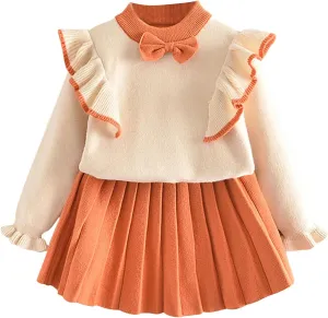 Toddler Baby Girls Fall Outfits Long Sleeve Knitted Sweater Tops Pleated Mini Skirt Set Autumn Winter Clothes Set