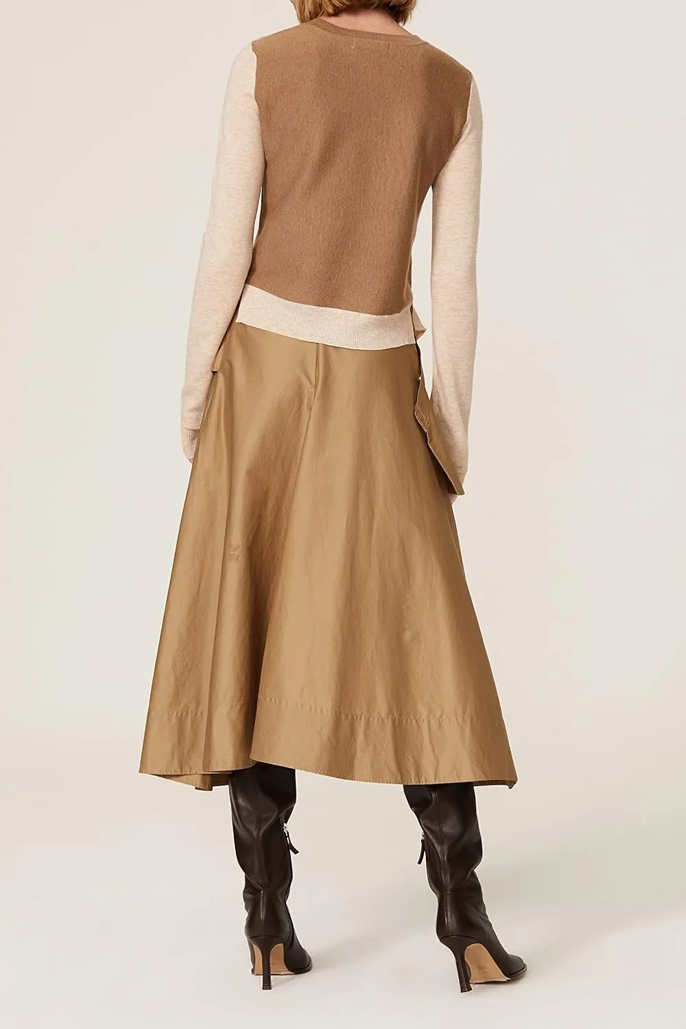TOME Collective Beige Women's Petite Fitted Colorblock Peplum Crew Neck Sweater