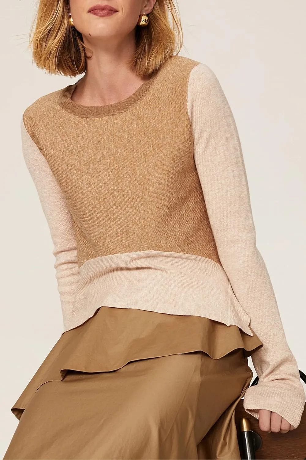 TOME Collective Beige Women's Petite Fitted Colorblock Peplum Crew Neck Sweater
