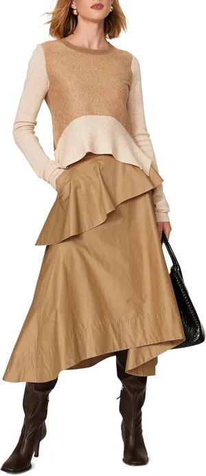 TOME Collective Beige Women's Petite Fitted Colorblock Peplum Crew Neck Sweater