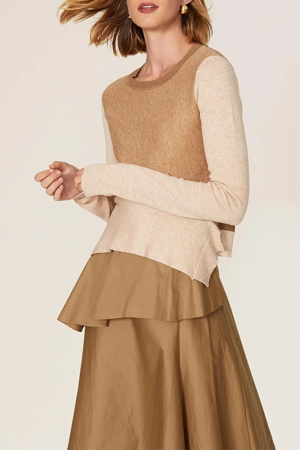 TOME Collective Beige Women's Petite Fitted Colorblock Peplum Crew Neck Sweater