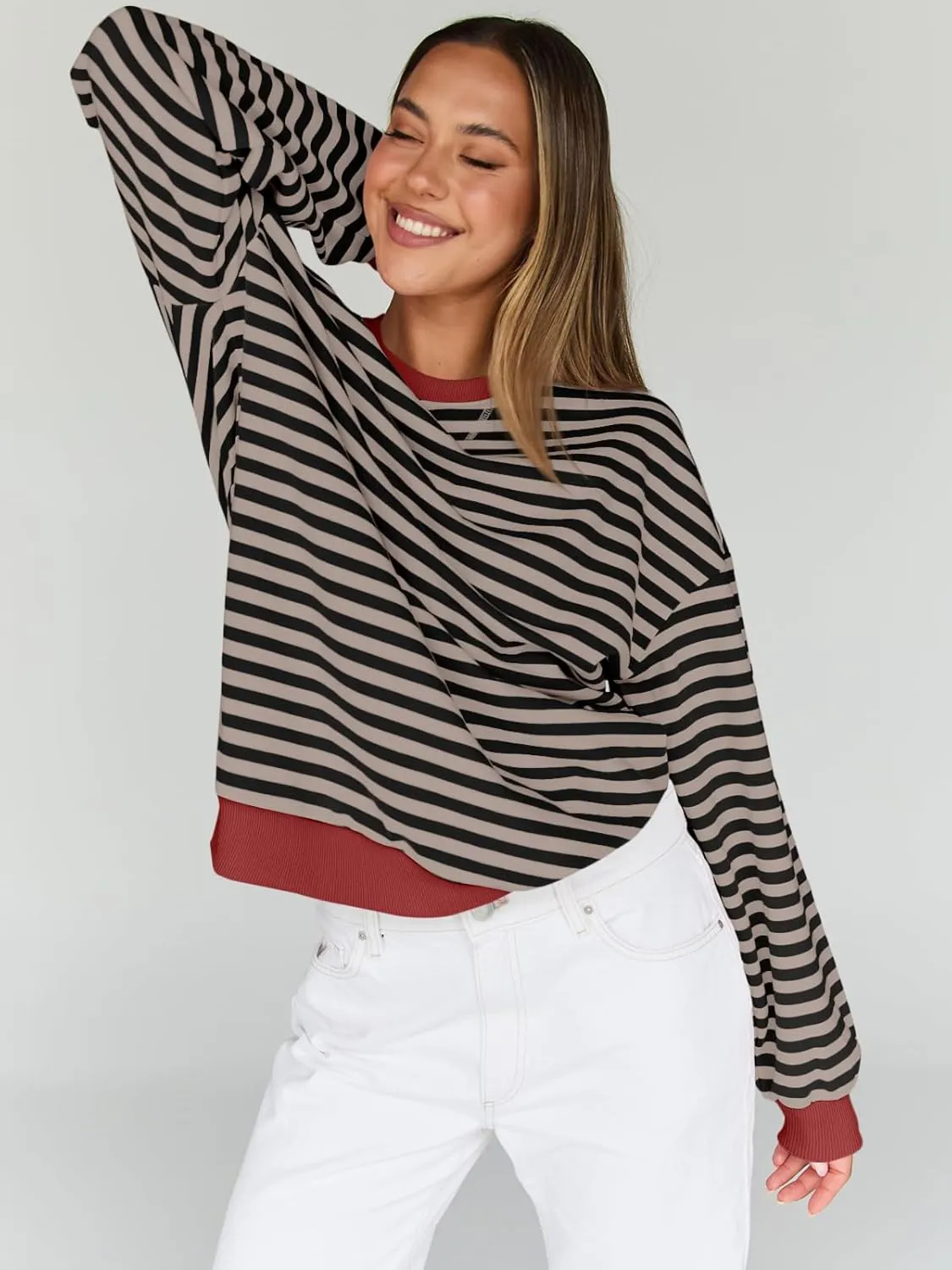 Trendy Queen Oversized Sweatshirt for Women 2025 Summer Crewneck Striped Long Sleeve Shirts Hoodies Cute Top Y2K Outfits