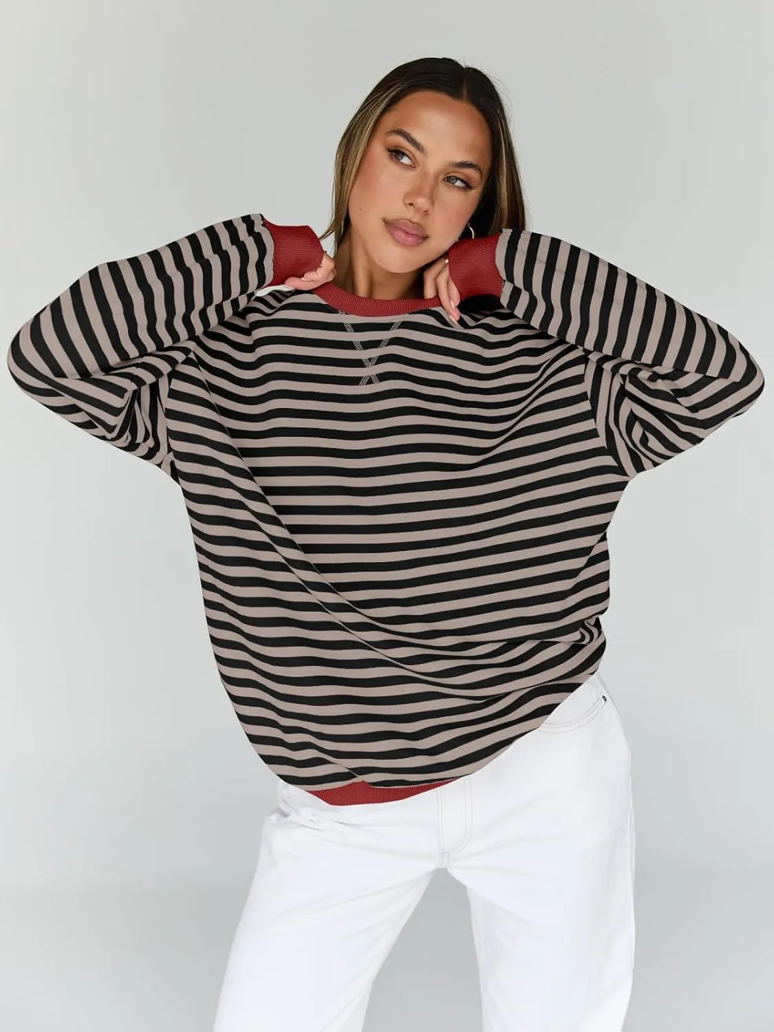 Trendy Queen Oversized Sweatshirt for Women 2025 Summer Crewneck Striped Long Sleeve Shirts Hoodies Cute Top Y2K Outfits