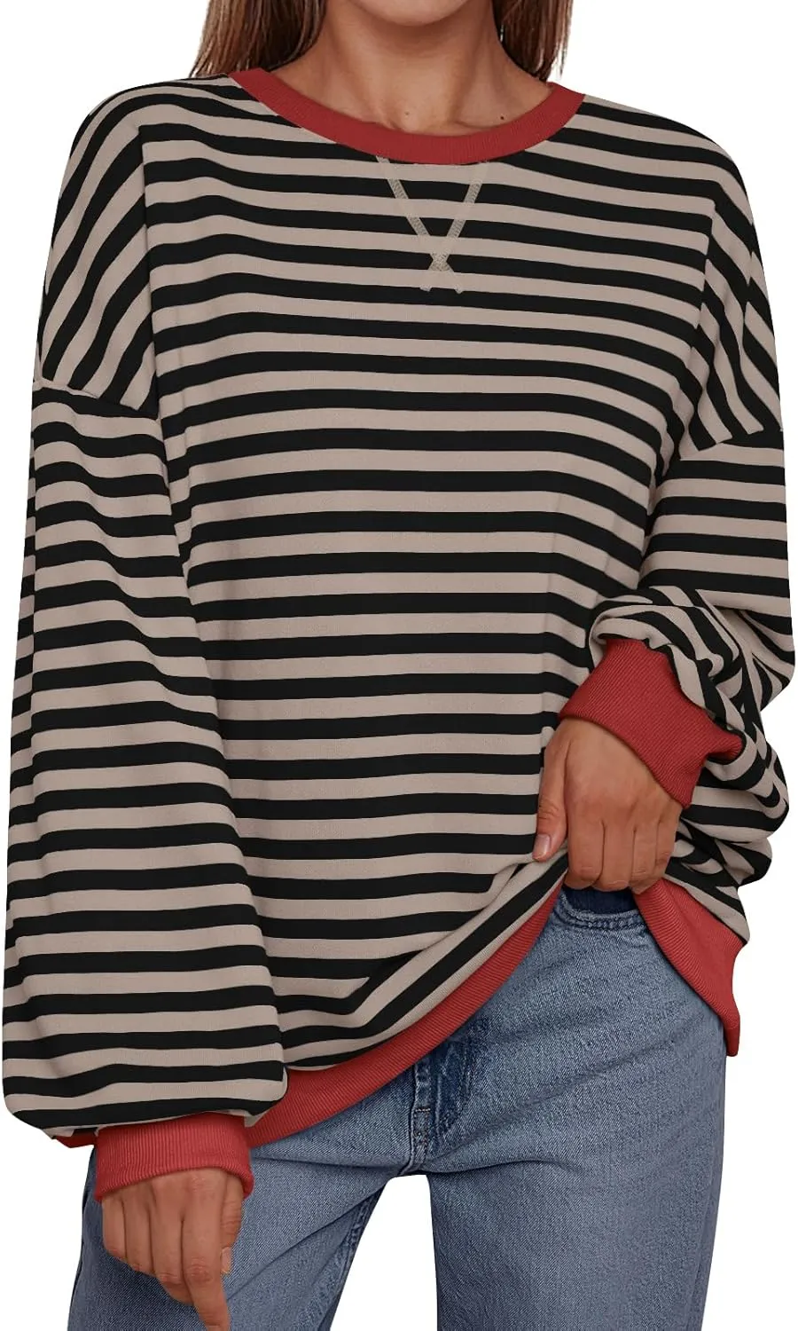 Trendy Queen Oversized Sweatshirt for Women 2025 Summer Crewneck Striped Long Sleeve Shirts Hoodies Cute Top Y2K Outfits