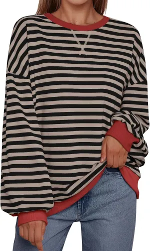 Trendy Queen Oversized Sweatshirt for Women 2025 Summer Crewneck Striped Long Sleeve Shirts Hoodies Cute Top Y2K Outfits