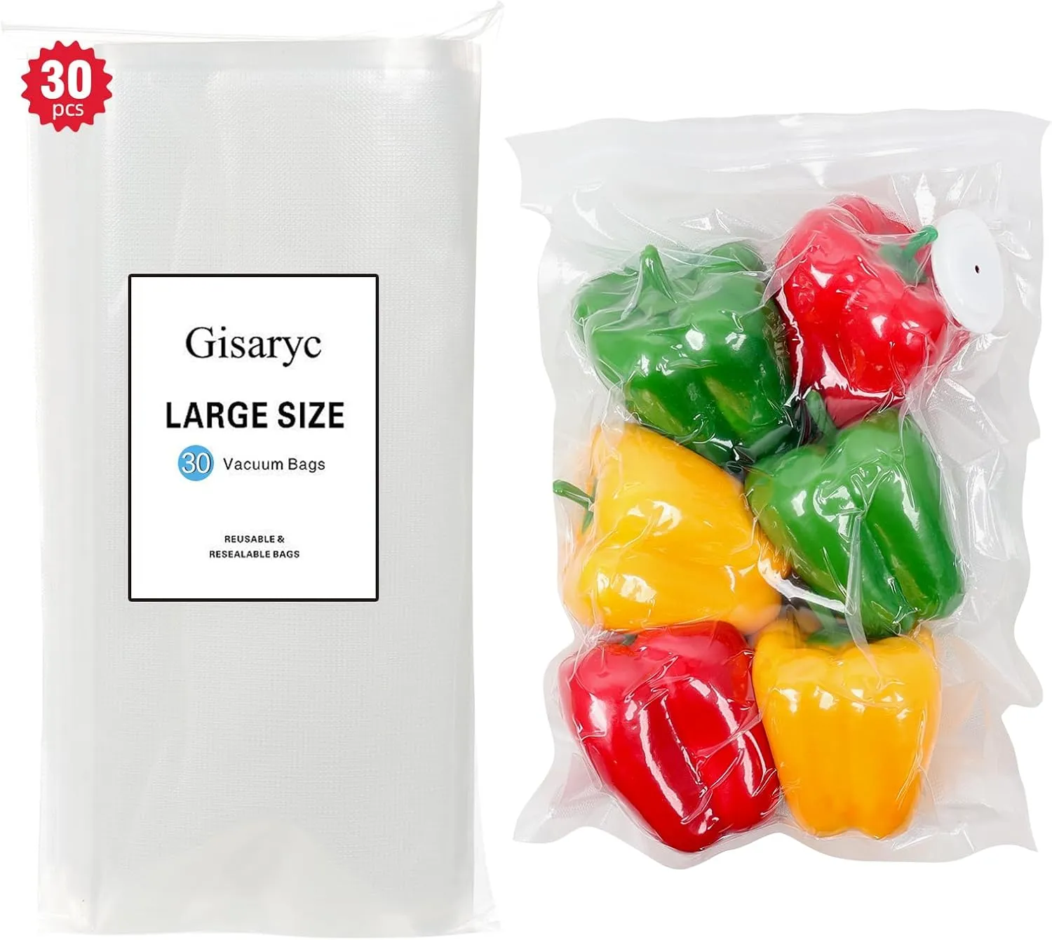 Vacuum Sealer Bags, Reusable Dual Zipper Air Valve Bags for Food Storage and Sous Vide Cooking, Works with Most Handheld Vacuum Sealers, Large Size（30L Pcs）