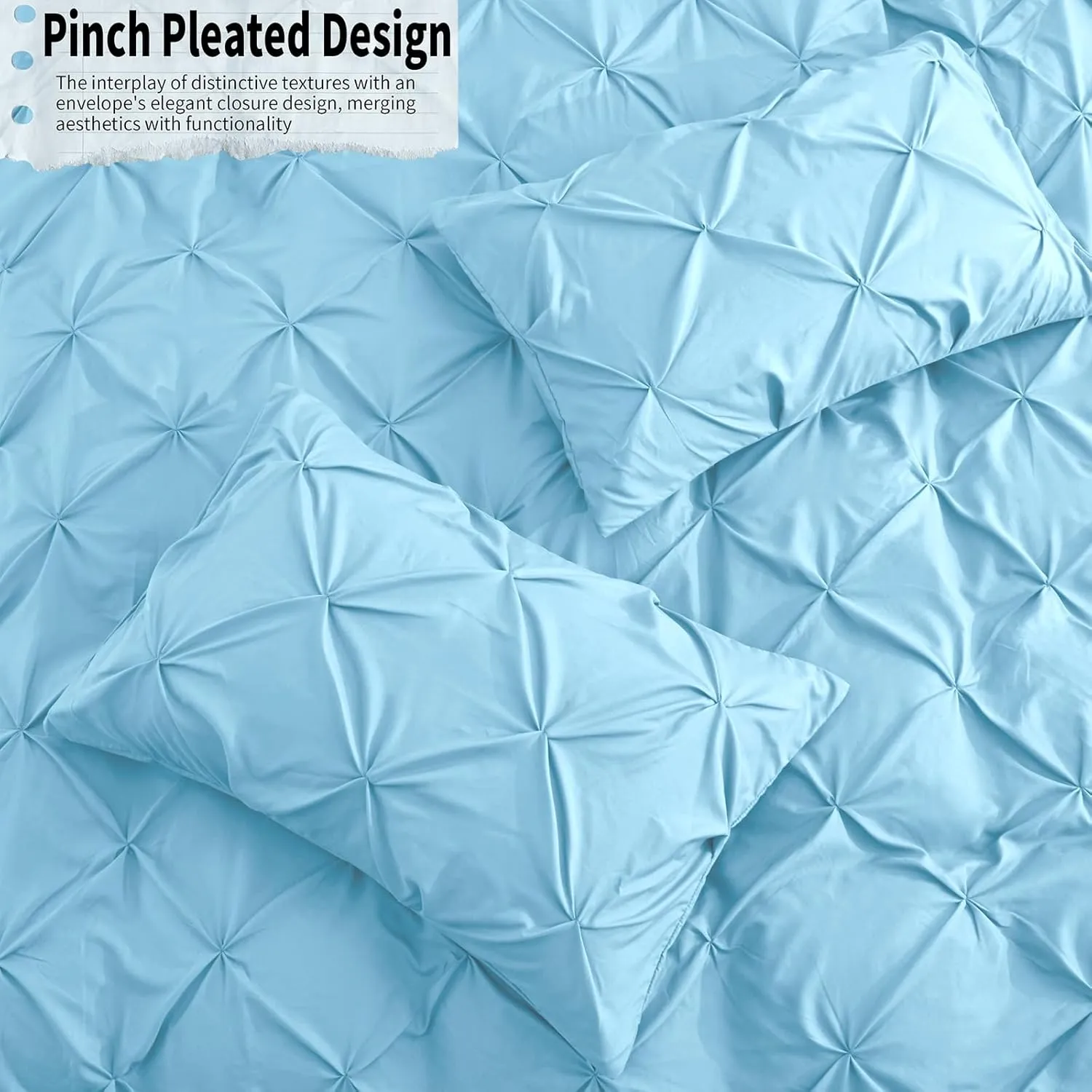 VACVELT 5 Piece Pinch Pleated Duvet Cover Full/Queen Size Set, Light Blue Pintuck Duvet Cover with Zipper & 8 Ties, Shabby Chic Microfiber Duvet Cover   2 Pillow Shams   2 Pillowcases, No Comforter