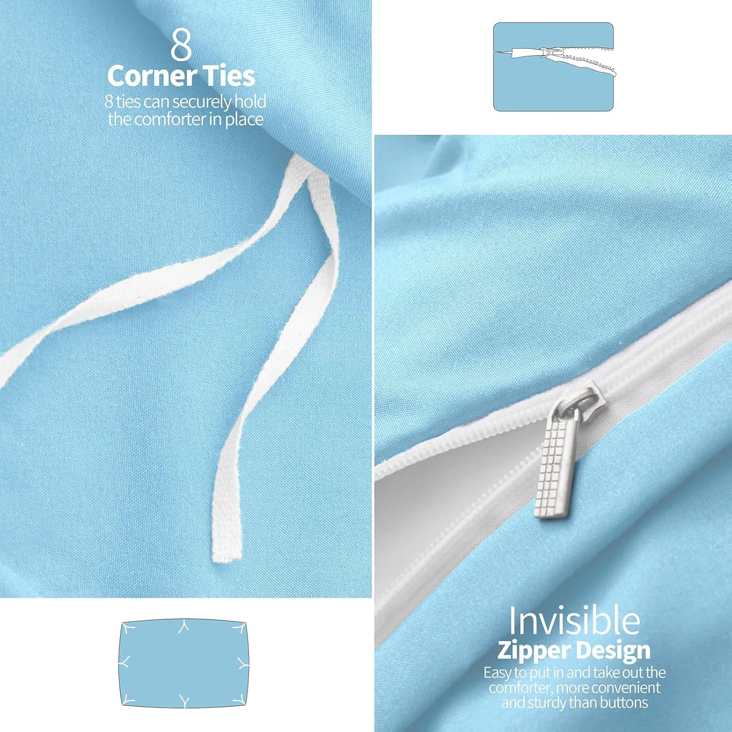 VACVELT 5 Piece Pinch Pleated Duvet Cover Full/Queen Size Set, Light Blue Pintuck Duvet Cover with Zipper & 8 Ties, Shabby Chic Microfiber Duvet Cover   2 Pillow Shams   2 Pillowcases, No Comforter