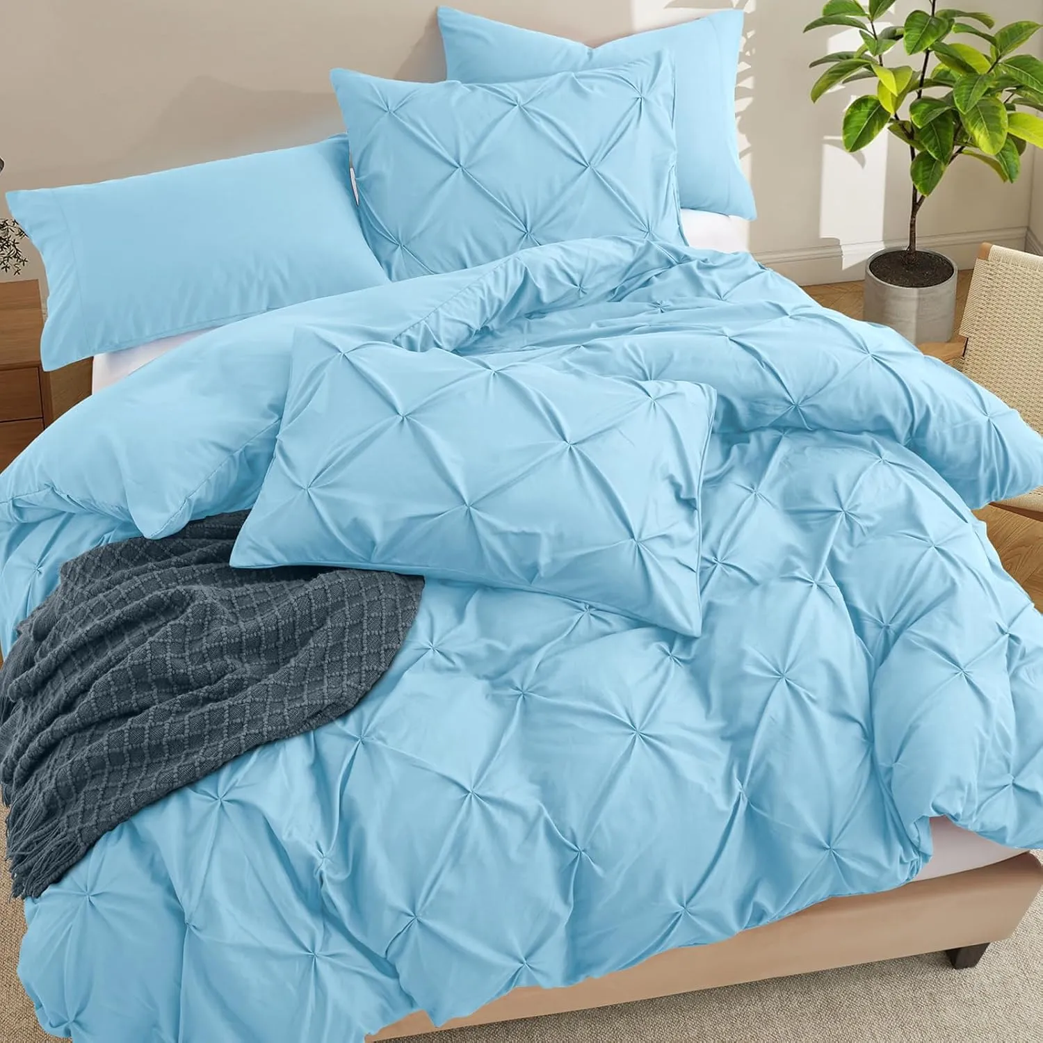 VACVELT 5 Piece Pinch Pleated Duvet Cover Full/Queen Size Set, Light Blue Pintuck Duvet Cover with Zipper & 8 Ties, Shabby Chic Microfiber Duvet Cover   2 Pillow Shams   2 Pillowcases, No Comforter