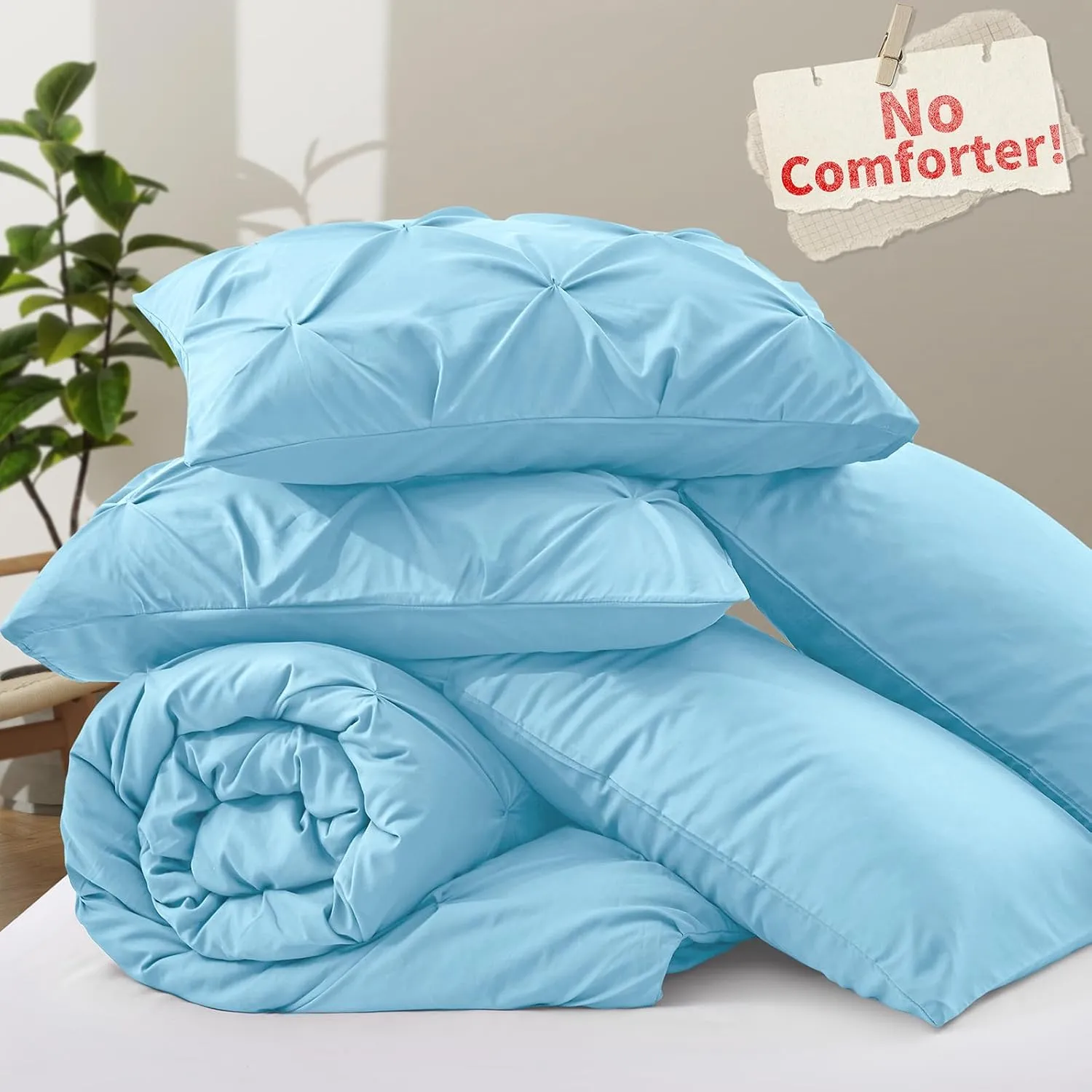VACVELT 5 Piece Pinch Pleated Duvet Cover Full/Queen Size Set, Light Blue Pintuck Duvet Cover with Zipper & 8 Ties, Shabby Chic Microfiber Duvet Cover   2 Pillow Shams   2 Pillowcases, No Comforter