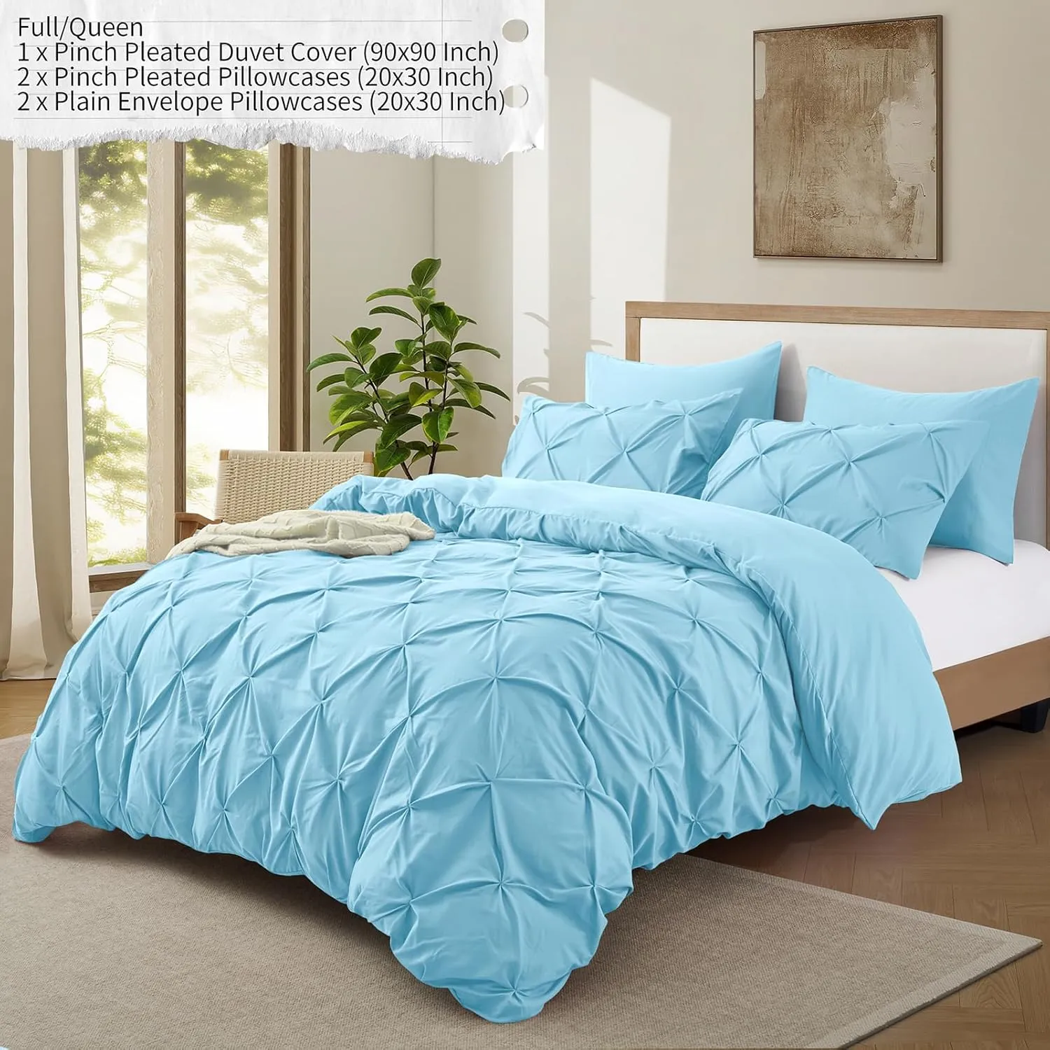 VACVELT 5 Piece Pinch Pleated Duvet Cover Full/Queen Size Set, Light Blue Pintuck Duvet Cover with Zipper & 8 Ties, Shabby Chic Microfiber Duvet Cover   2 Pillow Shams   2 Pillowcases, No Comforter