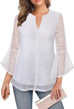 VALOLIA Women's 3/4 Sleeve Dressy Blouses Shirts Casual Loose Fit Mesh Layered Flowy Tunic Tops