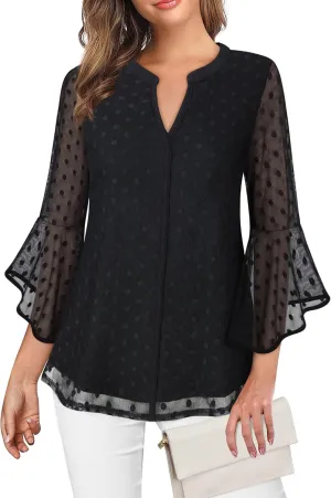 VALOLIA Women's 3/4 Sleeve Dressy Blouses Shirts Casual Loose Fit Mesh Layered Flowy Tunic Tops
