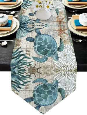 Vandarllin Cotton Linen Table Runner Dresser Scarves Sea Turtle Ocean Animal Nautical Themed&Retro Non-Slip Burlap Rectangle Table Setting Decor for Wedding Party Holiday Dinner Home, (13x70 inches)