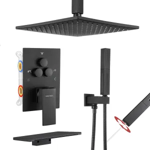 VANFOXLE Shower Faucet Set Matte Black Shower System with Tub Spout,Push Button Diverter Shower Fixtures with 2 in 1 Handheld,Ceiling Mounted 10 inches shower head(Rough-in Valve Body and Trim)
