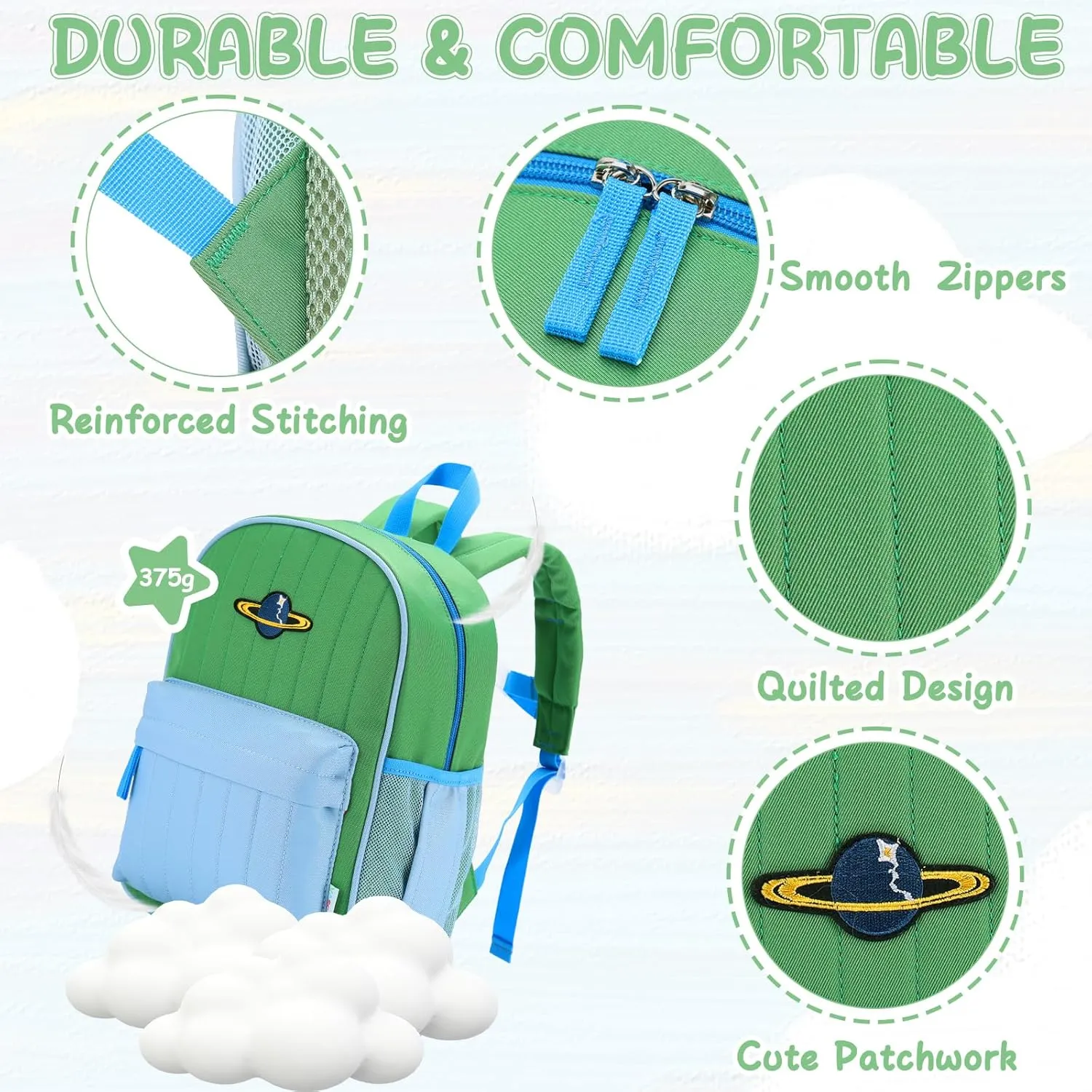 VASCHY Kids Backpack for Boys, Lightweight Quilted Color-blocked Bookbag Preschool Backpack for Kindergarten Children Green Blue