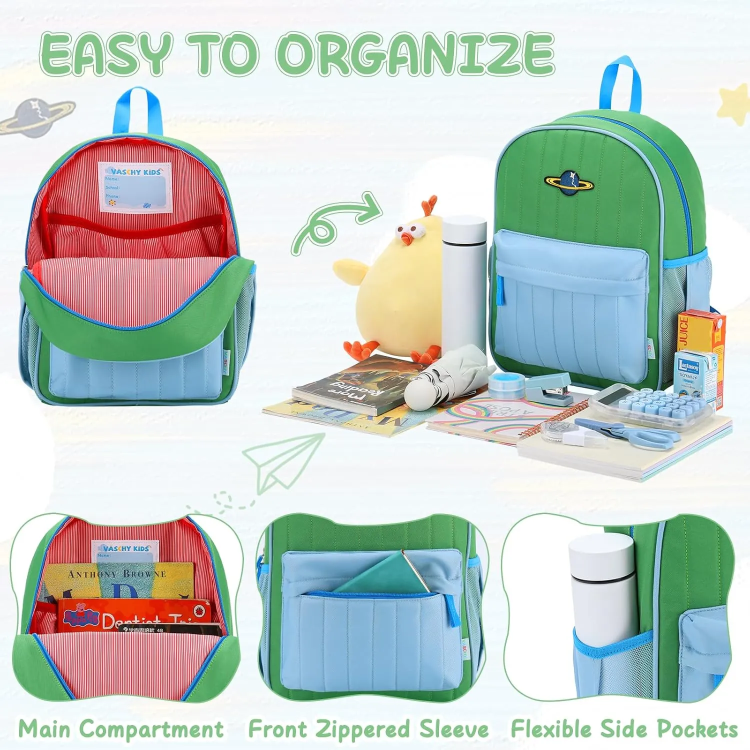 VASCHY Kids Backpack for Boys, Lightweight Quilted Color-blocked Bookbag Preschool Backpack for Kindergarten Children Green Blue