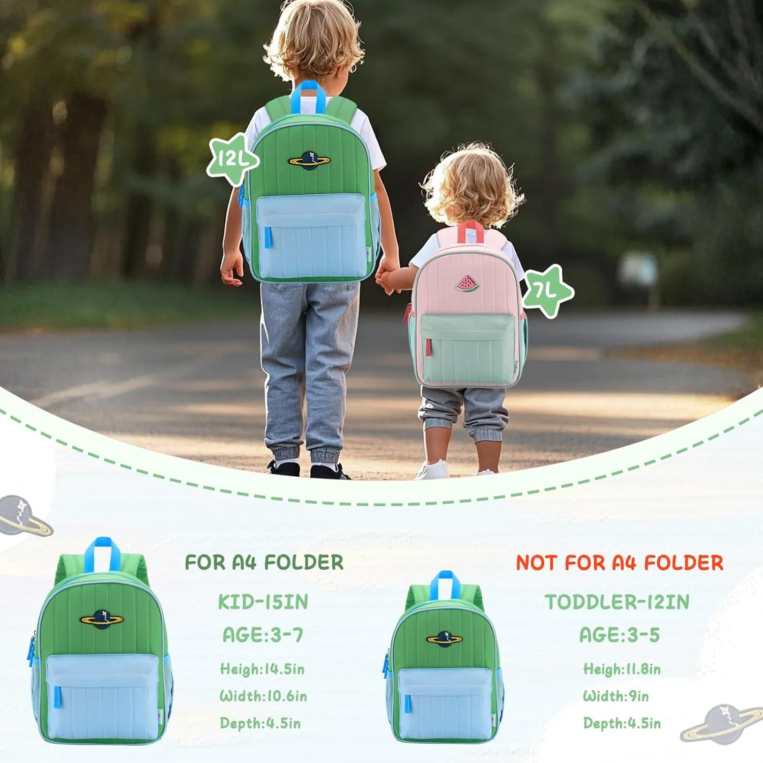 VASCHY Kids Backpack for Boys, Lightweight Quilted Color-blocked Bookbag Preschool Backpack for Kindergarten Children Green Blue