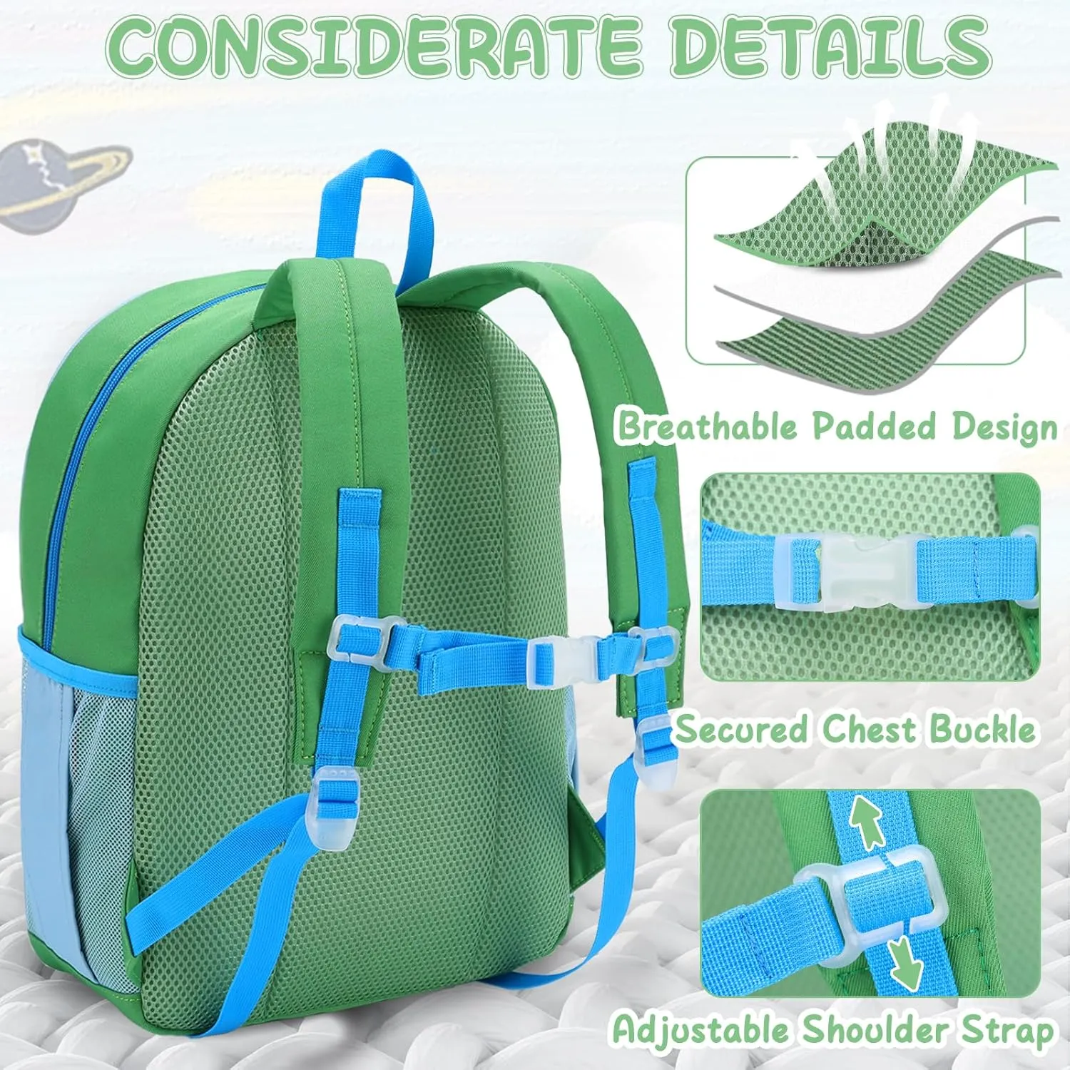 VASCHY Kids Backpack for Boys, Lightweight Quilted Color-blocked Bookbag Preschool Backpack for Kindergarten Children Green Blue