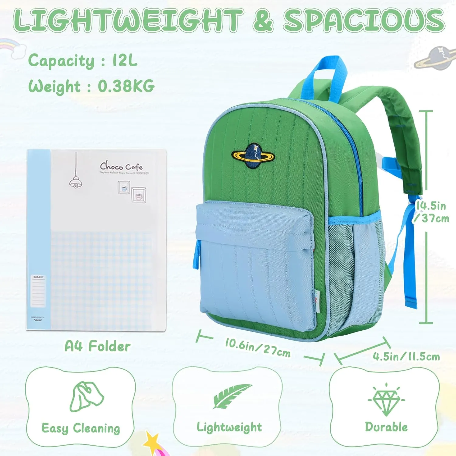 VASCHY Kids Backpack for Boys, Lightweight Quilted Color-blocked Bookbag Preschool Backpack for Kindergarten Children Green Blue