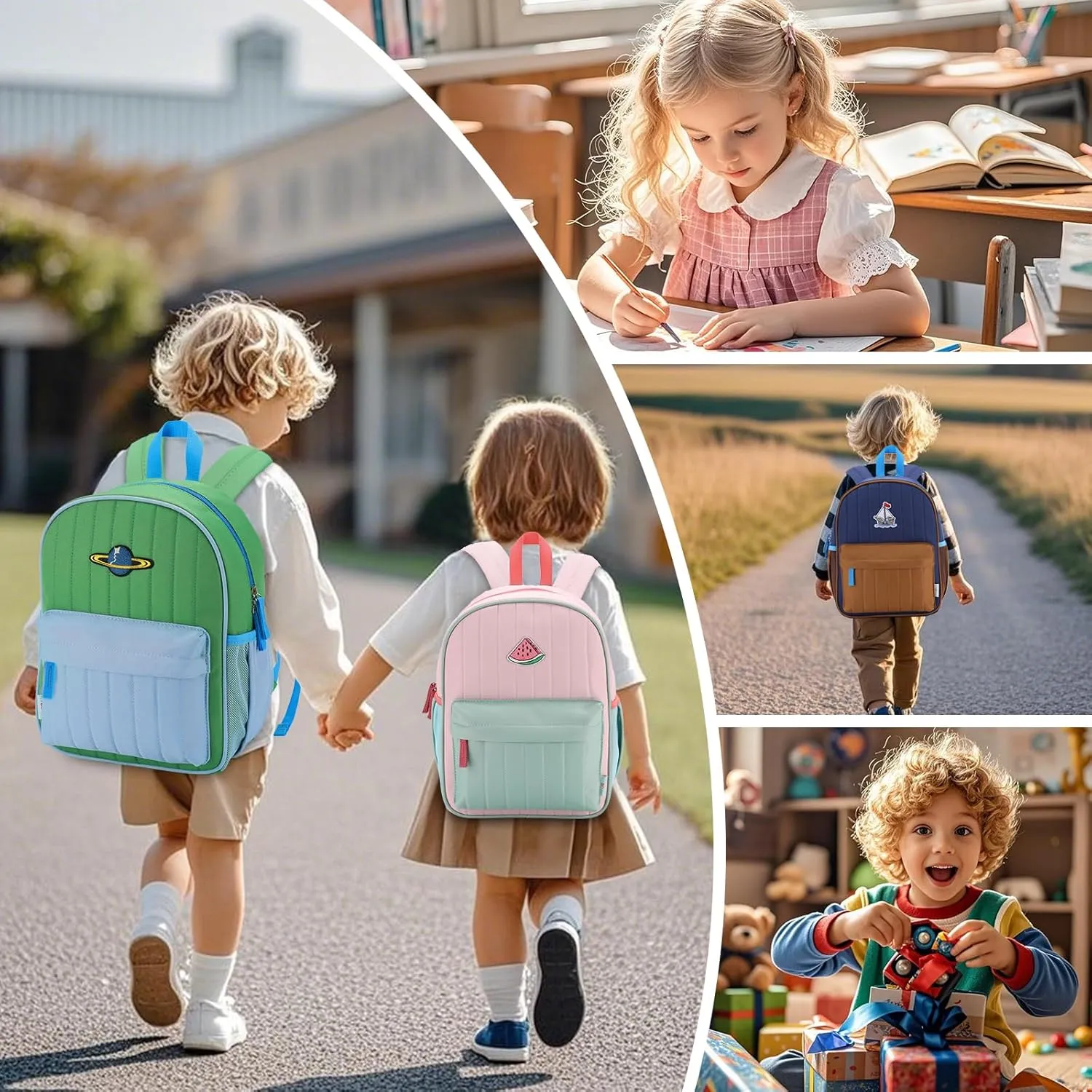 VASCHY Kids Backpack for Boys, Lightweight Quilted Color-blocked Bookbag Preschool Backpack for Kindergarten Children Green Blue