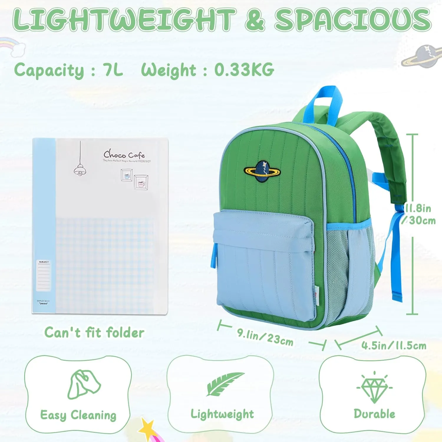 VASCHY Toddler Boys Backpack, Kids' Small Lightweight Quilted Color-blocked Bookbag School Backpack for Daycare Children Green Blue