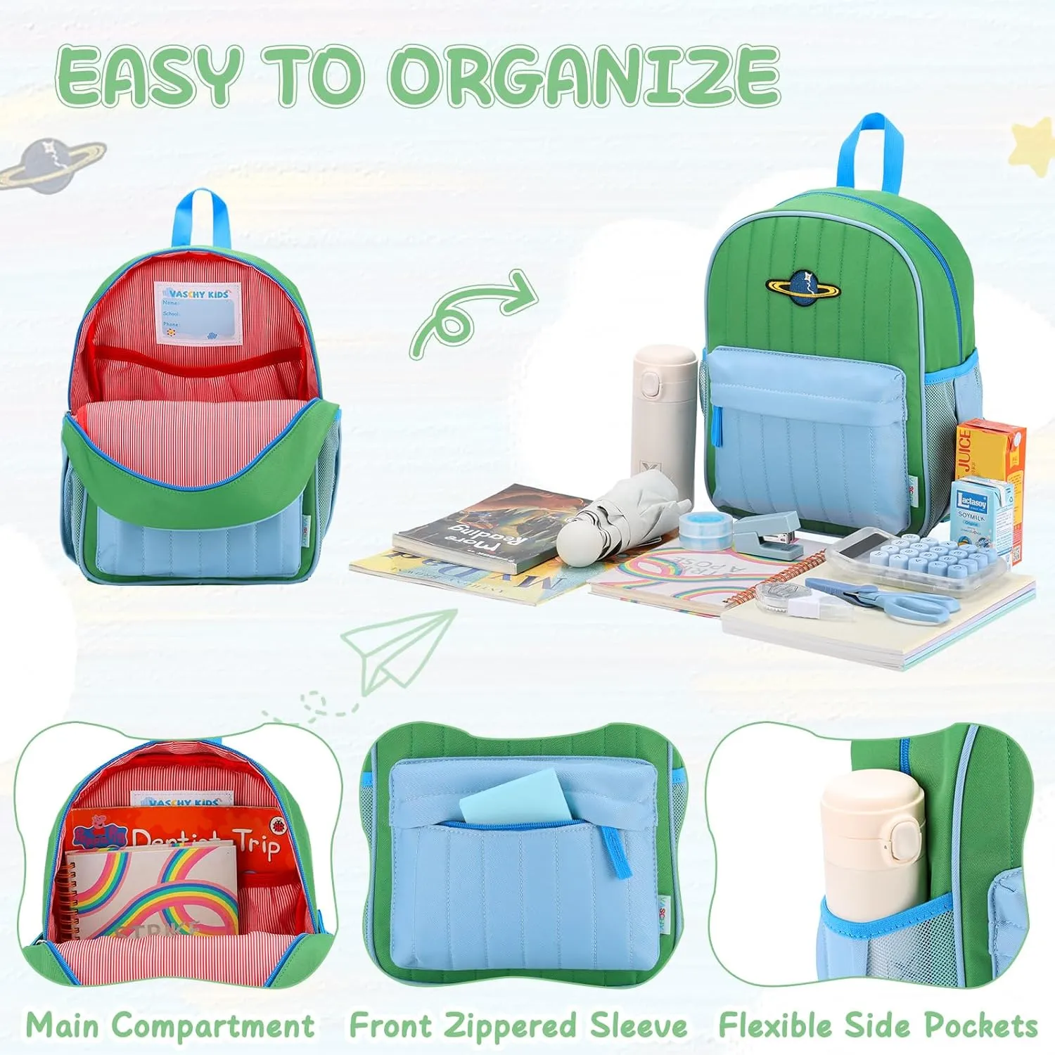 VASCHY Toddler Boys Backpack, Kids' Small Lightweight Quilted Color-blocked Bookbag School Backpack for Daycare Children Green Blue