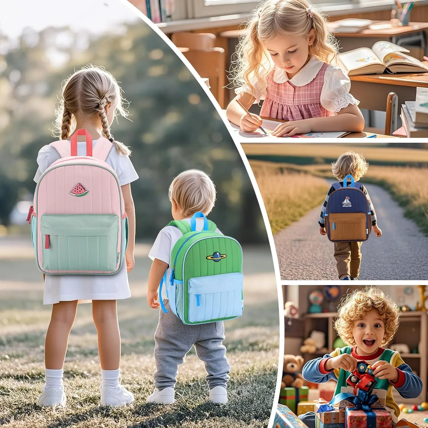 VASCHY Toddler Boys Backpack, Kids' Small Lightweight Quilted Color-blocked Bookbag School Backpack for Daycare Children Green Blue