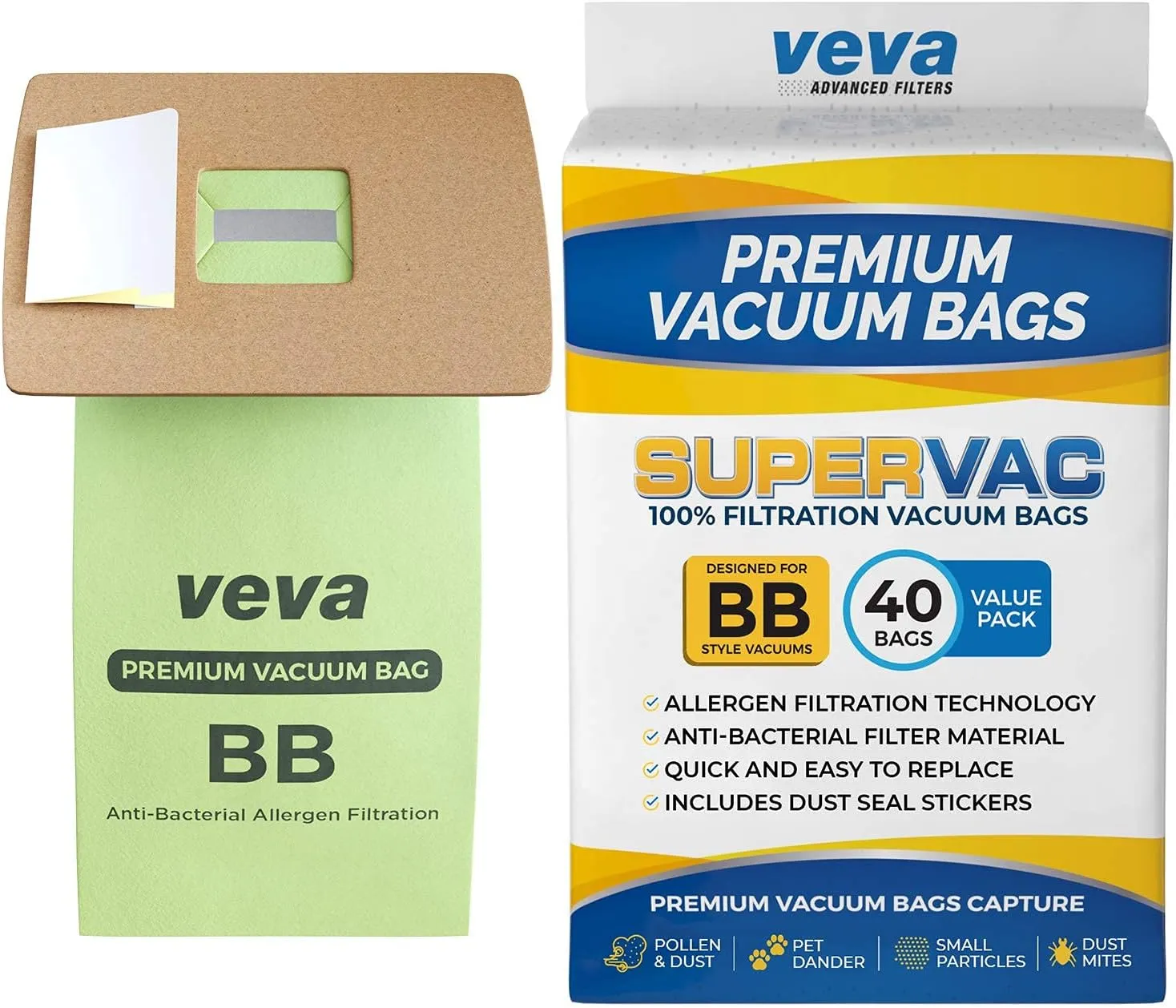 VEVA 40 Pack Premium SuperVac Vacuum Bags Style BB Work with All Handheld Vacuum Models BB180, BB280, BB850, BB870, BB880, BB900, BB1000, BB1100, BB1200
